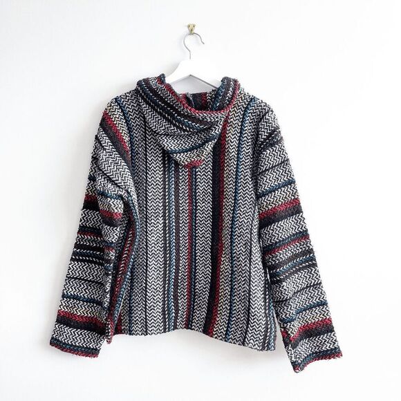 Baja Joe Men's Hooded Premium Woven Pullover Sweater Chevron Gray & Red Large - Picture 2 of 8